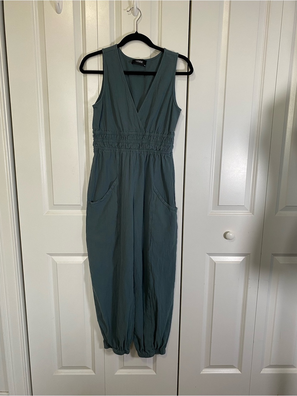 Cider Teal Sleeveless V-Neck Jumpsuit with Smocked Waist